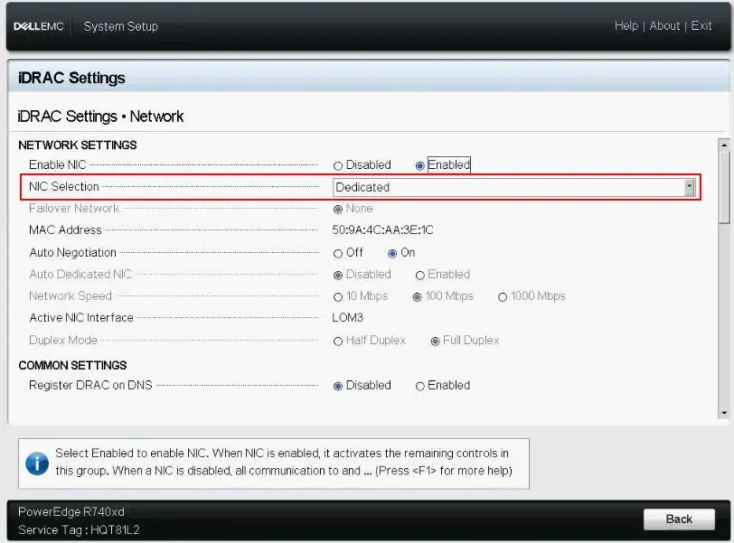 System Setup > iDRAC Settings > Network > Network Settings